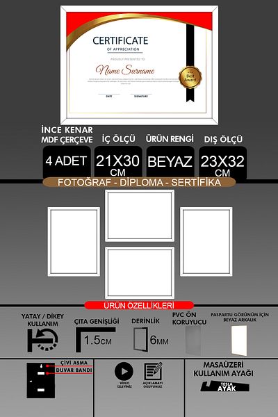 yhfoto 4 Pieces 21X30 Frame - Fine Slatted A4 Frame - White Frame - Photo Certificate Frame
