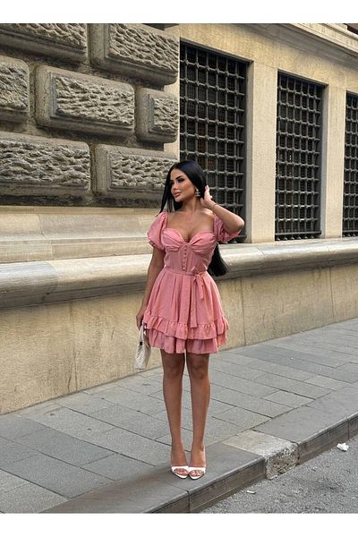 Stil Sepeti Women's Pink Sweetheart Neckline Buttoned Bodice Detail Ruffle Mini Dress Ely-100078104230
