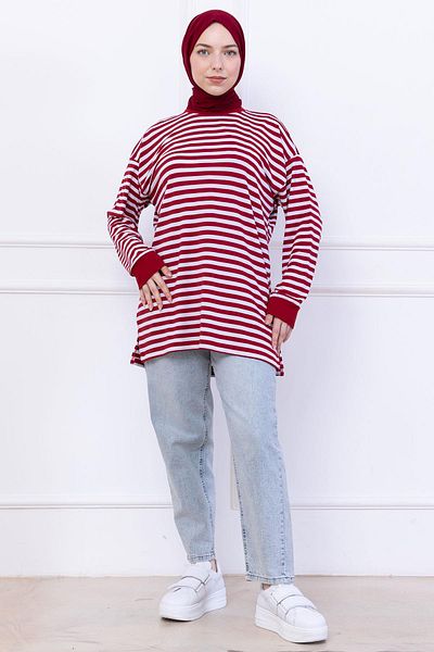 hafsamina Striped Short Combed Cotton Tunic Burgundy Hm2477