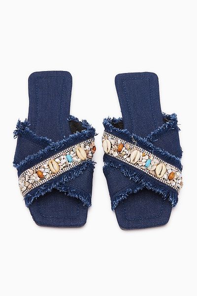 Limoya Γυναικείες παντόφλες Felisa Navy Blue Stone και Bohemian με διακόσμηση από κοχύλι