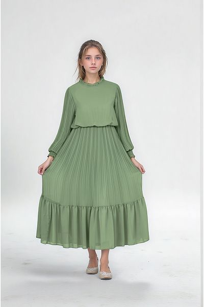 Jannock Young Girls Long Length Pleated Chiffon Cotton Hijab Dress