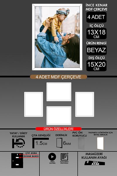 yhfoto 4 Pieces 13X18 Frame - Thin Slatted Frame - White Frame - 6mm Frame - Photo Frame