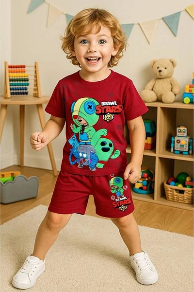 Yağmur Giyim Pjkskt Brawl Stars Patterned Red Shorts Boys Short Sleeve Suit 7508-K