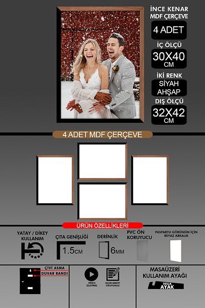 yhfoto 4 Pieces 30X40 Frame - Thin Slatted A3 Frame - 2 Colors Wood Black - 6mm Photo Frame
