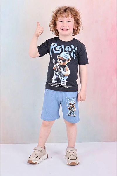Yağmur Giyim Pjkskt Relax Guitarist Bear Patterned Blue Shorts Boys Short Sleeve Suit 7608-m
