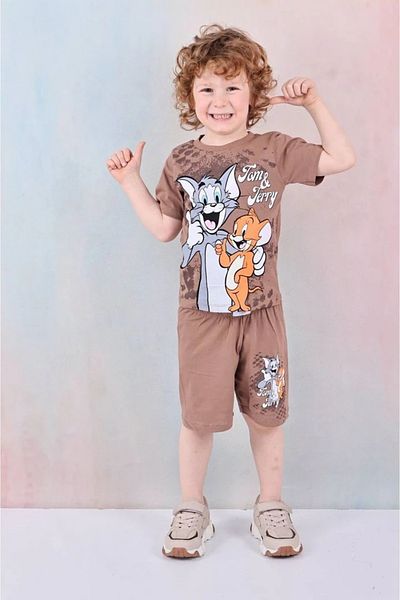 Yağmur Giyim Patterned Brown Shorts Boy's Short Sleeve Suit 7611-K