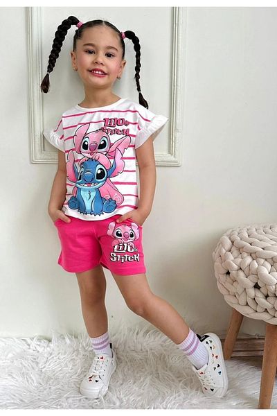 Yağmur Giyim Pjkskt Stitch Patterned Fuchsia Shorts Girl's Short Sleeve Suit 7531-F