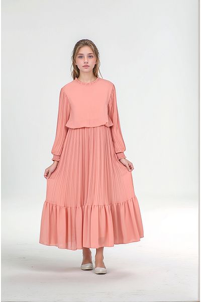 Jannock Young Girls Long Length Pleated Chiffon Cotton Hijab Dress