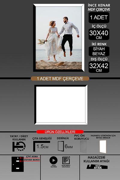 yhfoto 1 قطعة إطار 30x40 - إطار A3 ذو شرائح رفيعة - لونين أسود وأبيض - إطار صور 6 مم