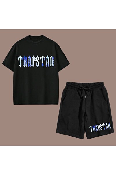 Elvino Mavi Yazı Baskılı Kadın/Erkek Unisex Şort Tshirt Takım