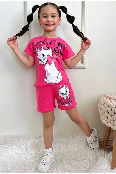 Yağmur Giyim Pjkskt Marie Sweet Kitten Patterned Fuchsia Shorts Girl's Short Sleeve Set 7623-F