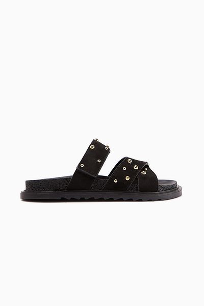 Limoya Mino Black Cross Strap Studded Women's Slippers