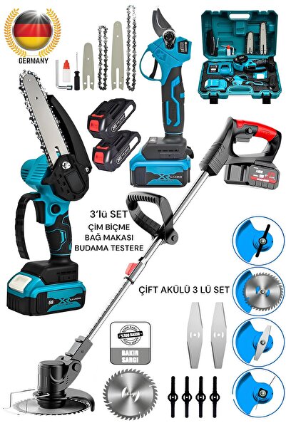 DYNAMİC MAX Çift Akü 3'lü Set Şarjlı Çim Ot Biçme-Dal Budama Bağ Makası-Zinçi...