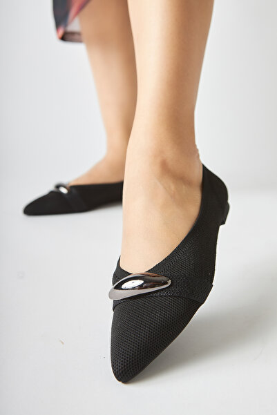 Limoya Lola Black Metal Buckle Women's Ballerina Pointed Toe Comfortable Daily Shoes