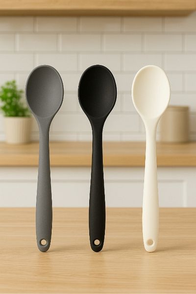 TARIK HOME 3 Color Silicone Spoon Set, 20 cm Short Deep Spoon, Hard Tip, Fireproof, Non-Stick, Heat Resistant