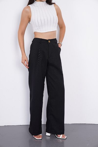 Gülmude Women's Loose Cut Elastic Waist High Waist Buttoned Casual Pocket Trousers Wide Leg