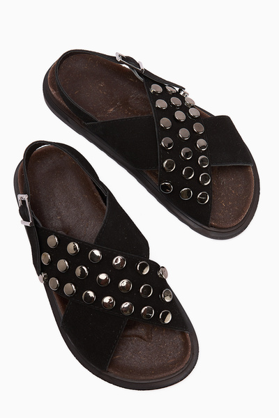 Limoya Lina Black Studded Cross Strap Women's Sandals