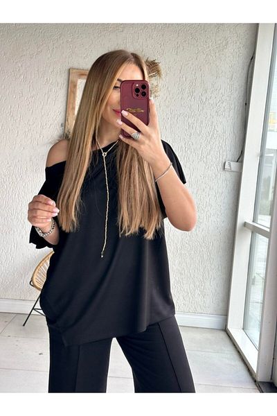 Modayakamoz New Season Women's One Shoulder Open Wide Cut Viscose Two Thread Blouse and Trousers Two-Piece Set