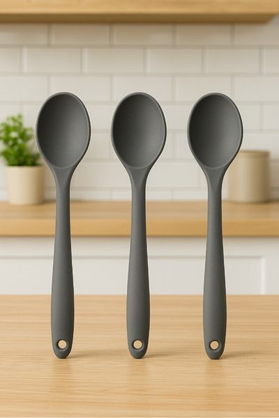 TARIK HOME 3-Piece Silicone Spoon Set, 20cm Short Deep Spoon, Hard Tip, Fireproof, Non-Stick, Heat Resistant 3 Colors