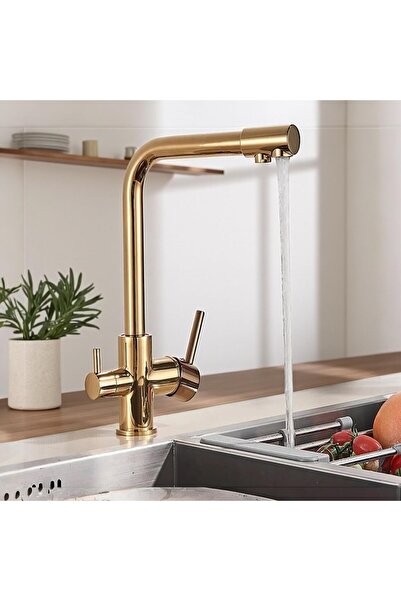 Viosa Gold Lüks Arıtma Çıkışlı 3 Yollu Musluk Mutfak Eviye Bataryası
