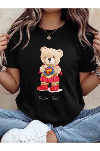 Sarah's Boutique Tricou de damă – 100% bumbac – Ursuleți de pluș „SUPER GIRL”