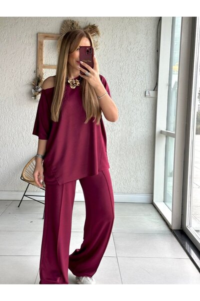 Modayakamoz New Season Women's One Shoulder Open Wide Cut Viscose Two Thread Blouse and Trousers Two-Piece Set
