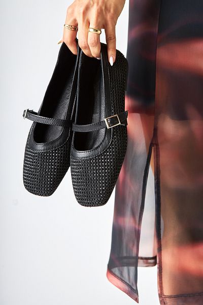 Limoya Remza Black Knitted Textured Women's Ballerina Buckle Comfortable Daily Shoes