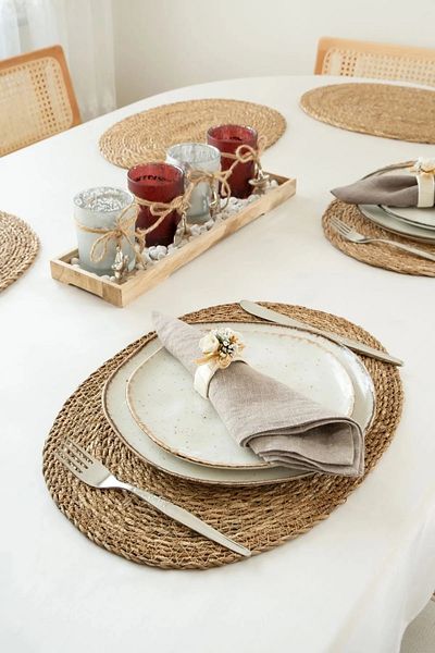 Halımax 4-Piece Oval Wicker American Service Supla 45X30Cm Round Bamboo Knitted Tableware Presentation Mat Four Pieces of 4