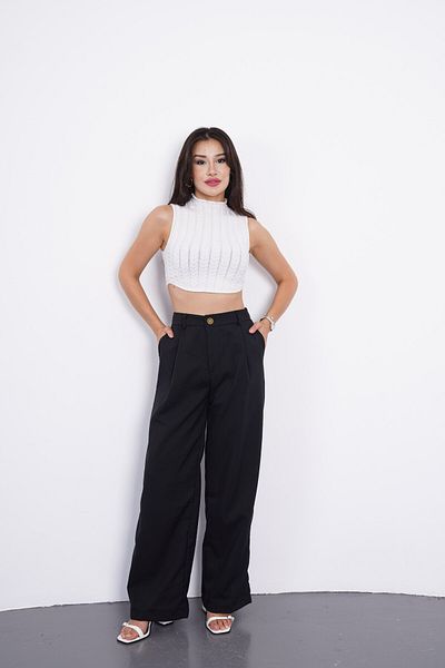 Gülmude Women's Loose Cut Elastic Waist High Waist Buttoned Casual Pocket Trousers Wide Leg