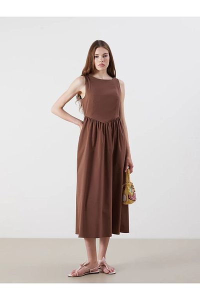 LC Waikiki Xside Brown Crew Neck Gathered Waist Dress