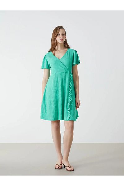 LC Waikiki Lcw Comfort Green Double Breasted Collar Textured Women's Dress