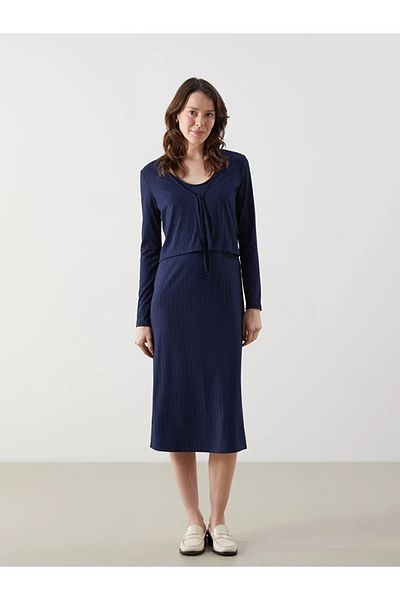 LC Waikiki LCW Comfort Navy Blue U-Neck Women's Dress and Cardigan Set