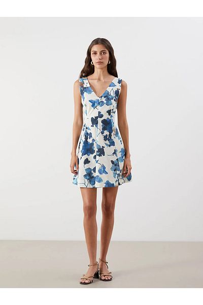 LC Waikiki Lcw Vision Blue V Neck Floral Waist Seated Mini Dress