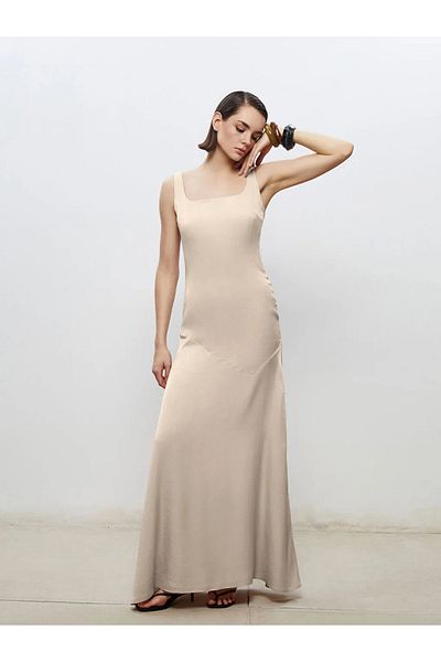 LC Waikiki Soulife Ecru Square Neck Satin Evening Dress