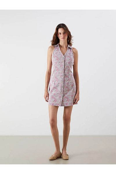 LC Waikiki Lcw vision pink shirt collar floral jean dress