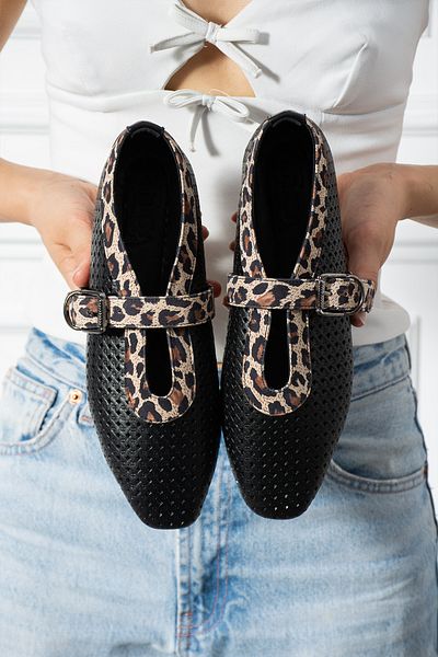 CUCA Genuine Leather Leopard Detail Buckle Casual Women's Ballerinas
