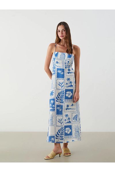 LC Waikiki Lcw Vision Blue Square Neck Patterned Suspender Linen Blend Dress