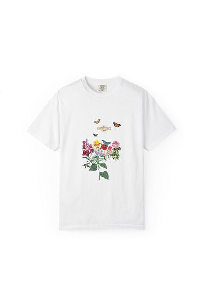 Hilosh Butterfly and Flower Printed Crew Neck Comfort Fit Unisex White T-Shirt