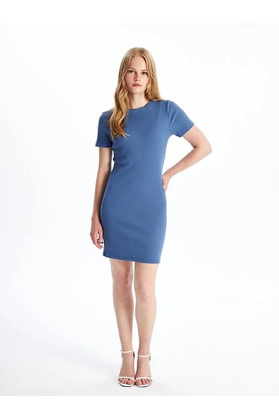 LC Waikiki Lcw Vision Blue Crew Neck Straight Short Sleeve Women Dress