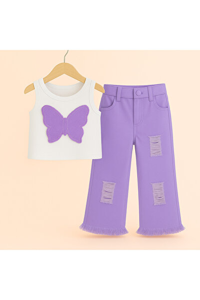 MODAGARD STORE Kız Çocuk Kot Aplike Detaylı T-shirt ve Yırtıklı Renkli Kot Pantolon Takım