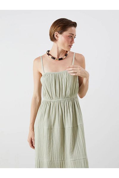 LC Waikiki Lcw Vision Green U-Neck Gathered A-Line Muslin Dress