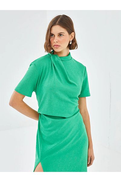 LC Waikiki Blais Green Stand Collar Women's Dress