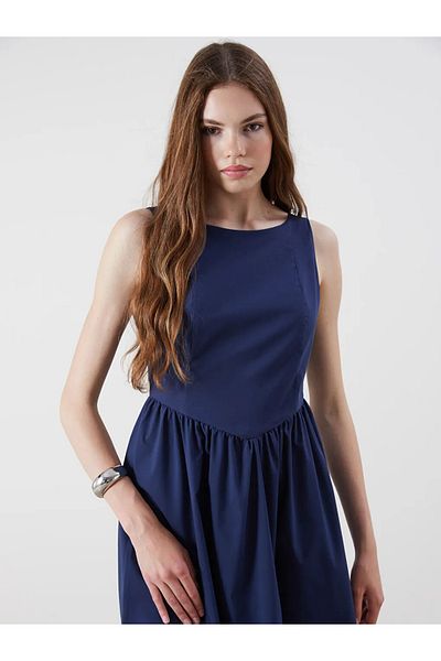 LC Waikiki Xside Navy Blue Crew Neck Gathered Waist Dress