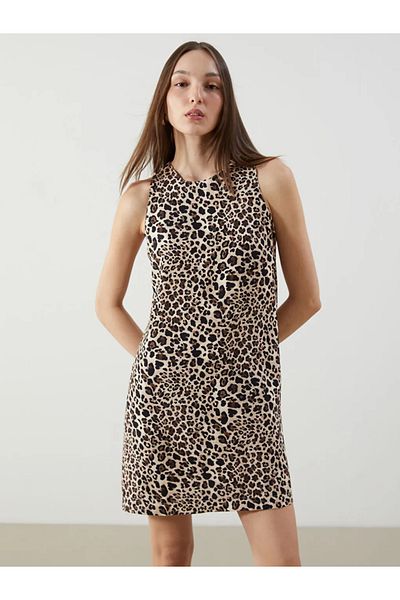 LC Waikiki Lcw Vision Brown Crew Neck Leopard Print Linen Blend Dress