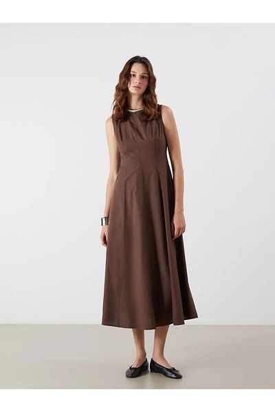 LC Waikiki Lcw Vision Brown Crew Neck Poplin Waist Seated Dress