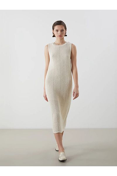 LC Waikiki Lcwaikiki Classic Ecru Crew Neck Openwork Women's Knitwear Dress