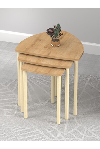 DESENGO Damla Ahşap Ayak 3lü Safir Meşe Zigon-servis Sehpası-salon Sehpası-ça...