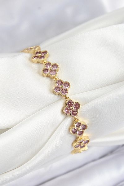 NETWORK ART Bfs Brass Pink Zircon Stone Clover Model Gold Color Vip Series Women's Bracelet