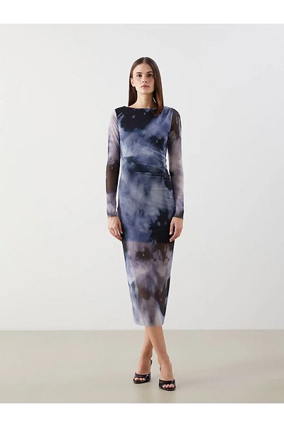 LC Waikiki Lcw Vision Navy Blue Bicycle Neck Tie Dye Patterned Women's Bodycon Dress
