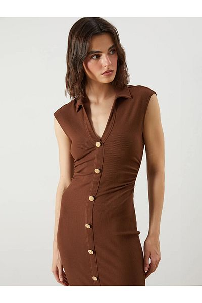 LC Waikiki Lcw Vision Brown Textured Shirred Shirt Dress